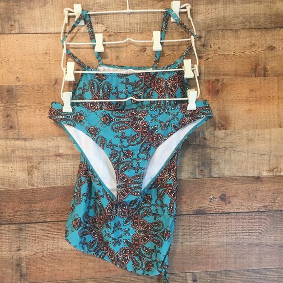 Turquoise Paisley Print Tankini Size L Asymmetric Ruched Side Top Bikini Bottom - Picture 5 of 8